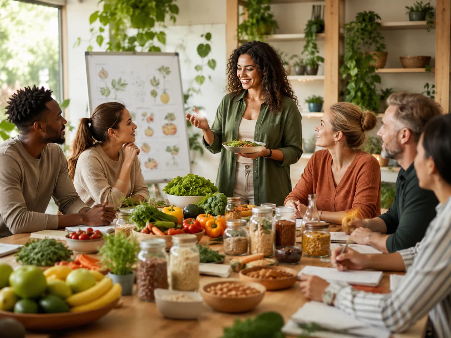 Atelier de nutrition holistique réunissant aliments naturels, plantes et apprentissage pratique