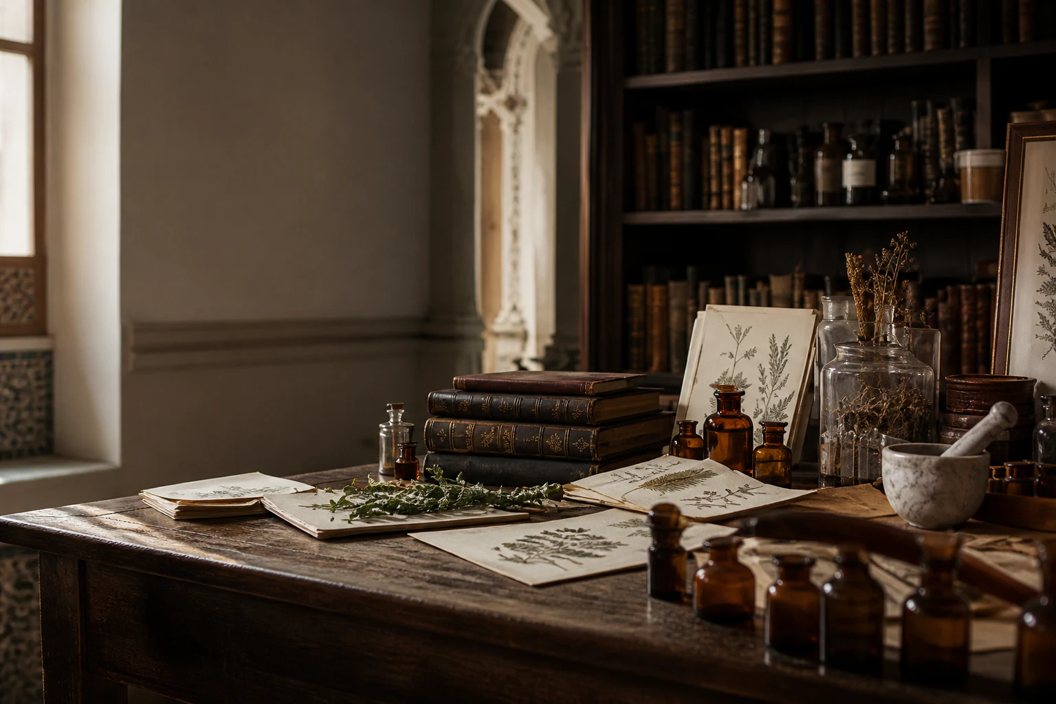 Old books, plants and a study space evoking the start of the learning experience